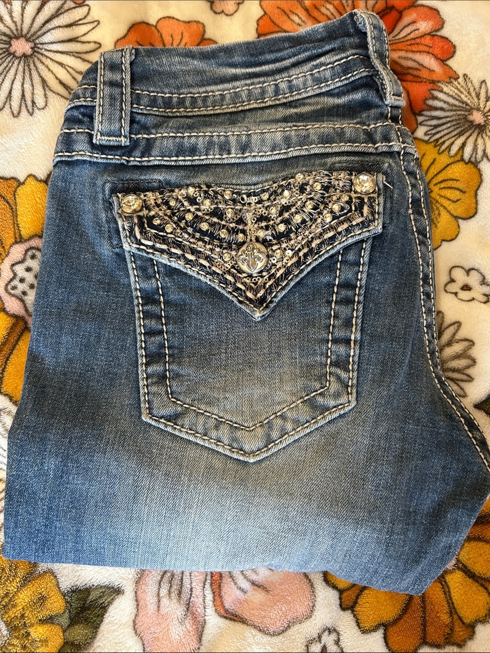 Miss Me Blue Skinny Jeans with Rhinestone Embellished Pocket
